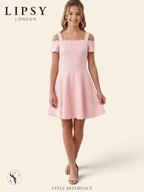 NWT Lipsy Girl Pink Scallop Bardot Cold Shoulder Skater Dress - Age 15-16